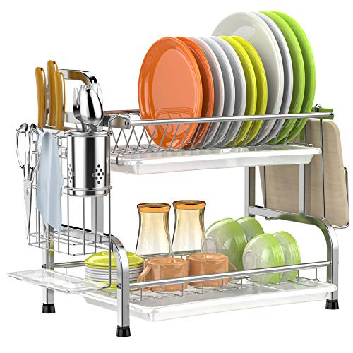 GSlife Dish Drying Rack, Stainless Steel 2 Tier Dish Rack with Drainboard Utensil Holder Dish Drainer for Kitchen Counter, Silver