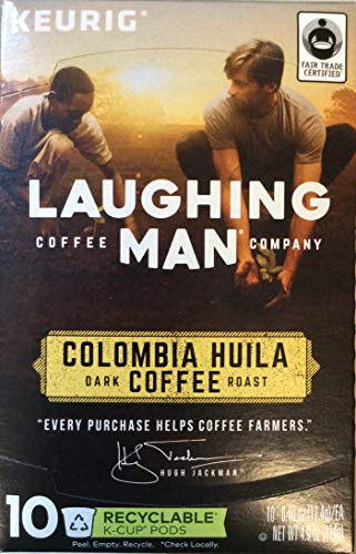 Laughing Man Colombia Huila Dark Roast Coffee - Fair Trade Certified - 10 Recyclable K-Cup Pods (Pack of 2)