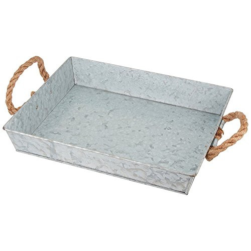 Benzara AMC0010 Mix Media Galvanized Tray with Rope Handles, Gray