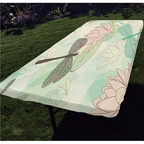 Dragonfly Polyester Fitted Tablecloth,Floating Water Lily and Dragonfly Figures on The Lake in Soft Color Design Print Rectangular Elastic Edge Fitted Table Cover,Fits Rectangular Tables 72x32 Pink G