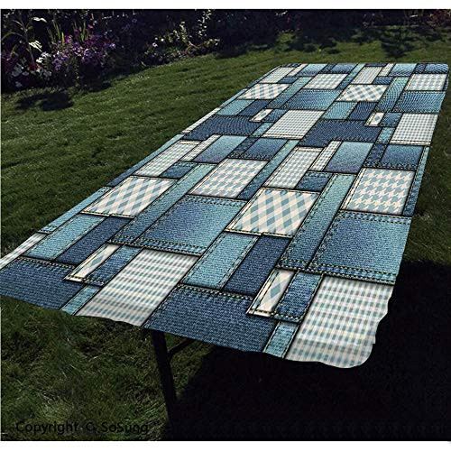 Fabric Polyester Fitted Tablecloth,Denim Motif Background with Several Cross Sewing Figures Simplistic Design Rectangular Elastic Edge Fitted Table Cover,Fits Rectangular Tables 72x32 Blue and Baby B