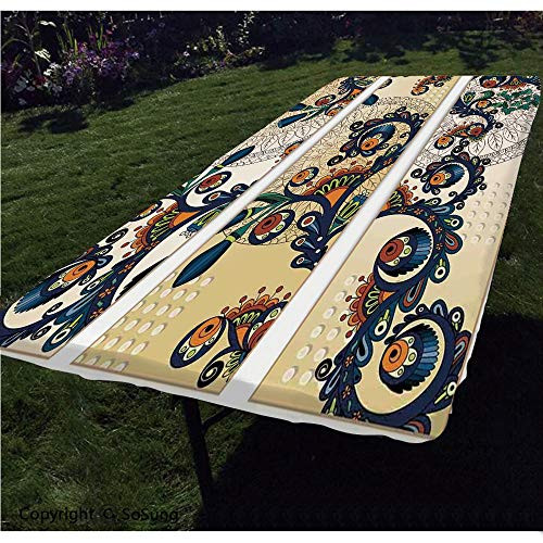 Batik Decor Polyester Fitted Tablecloth,Paisley Background in a Fragmented Flat Design with Folkloric Properties Vintage Art Rectangular Elastic Edge Fitted Table Cover,Fits Rectangular Tables 72x32"
