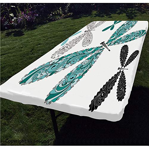 Dragonfly Polyester Fitted Tablecloth,Ornamental Dragonfly Figures with Lace and Damask Effects Artsy Image Decorative Rectangular Elastic Edge Fitted Table Cover,Fits Rectangular Tables 72x32" Teal T