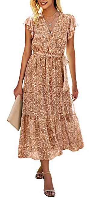 BTFBM Women Summer Bohemian Floral Casual Wrap V Neck Ruffle Cap Sleeveless Belt A-Line Pleated Hem Swing Midi Sun Dress -Coffee, Medium- BTFBM Women Summer Bohemian Floral Casual Wrap V Neck Ruffle Cap Sleeveless Belt A-Line Pleated Hem Swing Midi Sun Dress -Coffee, Medium-