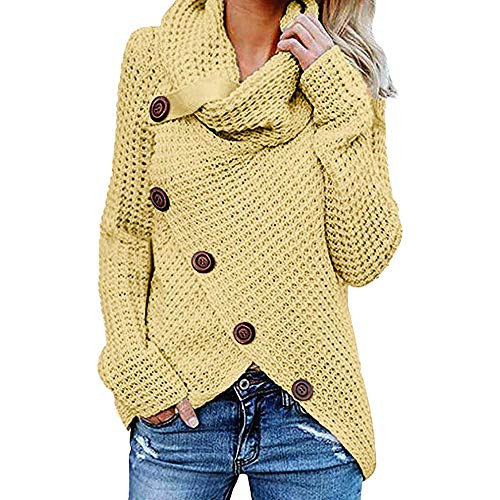 Womens Button Turtle Cowl Neck Asymmetric Hem Wrap Pullover Sweater Tops