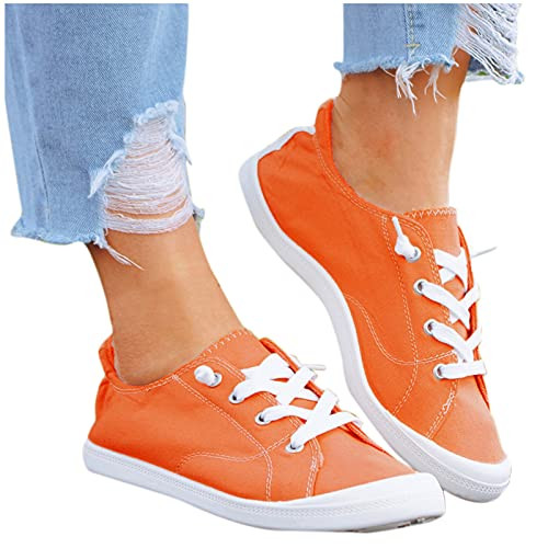 Walking Shoes for Women,Fashion Lace Up Canvas Slip on Sneakers Breathable Walking Running Shoes Office Loafers Orange