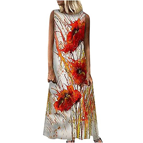 LaziesGirl Womens Summer Maxi Dress Casual Flower Print Dress Boho O-Neck Sleeveless Loose Long Dress Orange LaziesGirl Womens Summer Maxi Dress Casual Flower Print Dress Boho O-Neck Sleeveless Loose Long Dress Orange