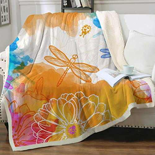 Sleepwish Dragonfly Sherpa Fleece Blanket, Splashes Watercolor Flowers Butterflies Birds and Beetles, Throw-50"x60"-, Orange Yellow and Blue, Couch Sofa Plush Fuzzy Blanket Sleepwish Dragonfly Sherpa Fleece Blanket, Splashes Watercolor Flowers Butterflies Birds and Beetles, Throw-50"x60"-, Orange Yellow and Blue, Couch Sofa Plush Fuzzy Blanket