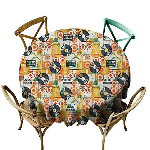 KaMiao Wrinkle Free Tablecloths Music,Pattern with Musical Instruments in Flat Design Style Cassette Radio Vinyl Nostalgic,Multicolor Diameter 36" Modern Round Tablecloth