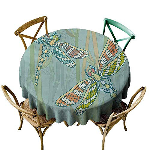KaMiao Jacquard Tablecloth Dragonfly,Doodle Style Giant Dragonfly Figures on Lake Bushes Nature Exotic Picture Art,Almond Green Diameter 36" Dining Round Tablecloth