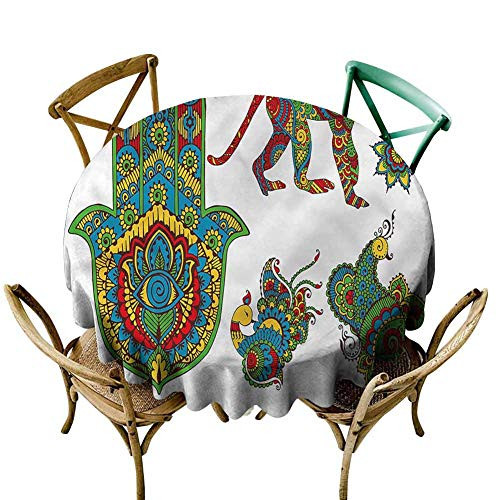 KaMiao Jacquard Tablecloth Hamsa,Figures in Mehndi Style Diameter 36" Patio Round Tablecloth