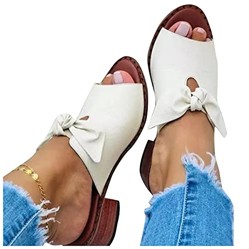 XVSSAA Women's Mid Heeled Sandal Slip on Block Heel Slide Sandals Open Toe Bowknot Chunky Heeled Sandals for Women White