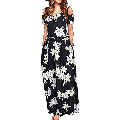 Maxi Dresses for Women Summer, Women' Cold Shoulder Pocket Floral Print Elegant Maxi Short Sleeve Casual Dress White Maxi Dresses for Women Summer, Women' Cold Shoulder Pocket Floral Print Elegant Maxi Short Sleeve Casual Dress White