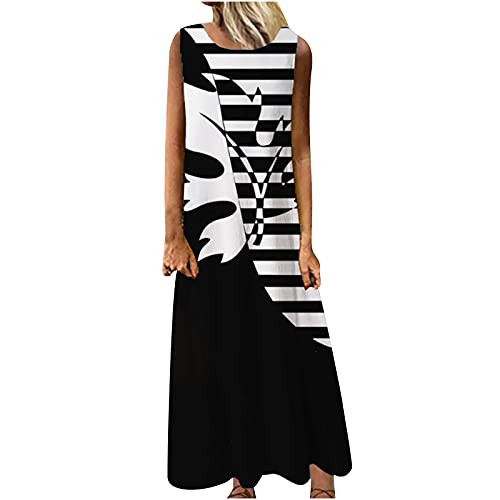GOODTRADE8 Summer Dresses Fashion Women Summer Casual Print Dress O-Neck Sleeveless Loose Long Dressbeach Sundress White GOODTRADE8 Summer Dresses Fashion Women Summer Casual Print Dress O-Neck Sleeveless Loose Long Dressbeach Sundress White