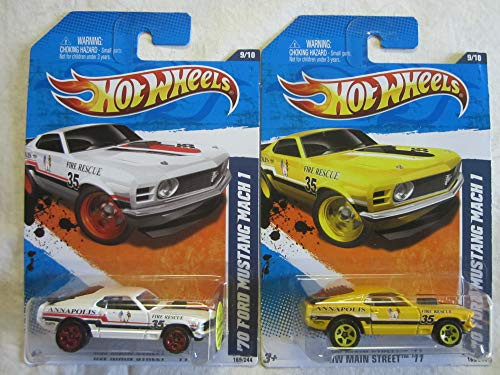 Hot Wheels '70 Ford Mustang Mach-1 Yellow  and  White Die Cast 1/64 Scale 2 Car Bundle
