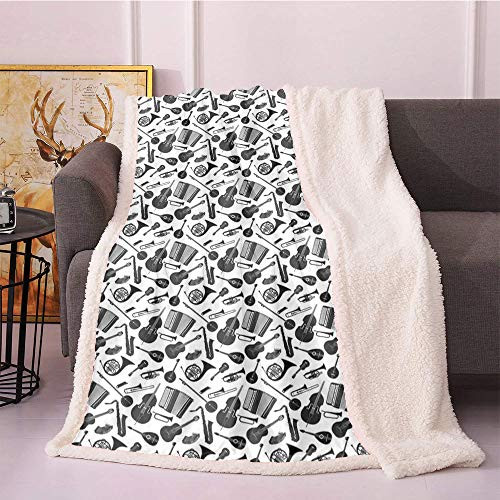 SeptSonne Musical Sherpa Blankets,Western and Eastern Music Acoustic Guitar Tambourin Horn String Bass Banjo Lightweight Fluffy Flannel,Fleece Throw Blankets-50in x 60in,Black and White-