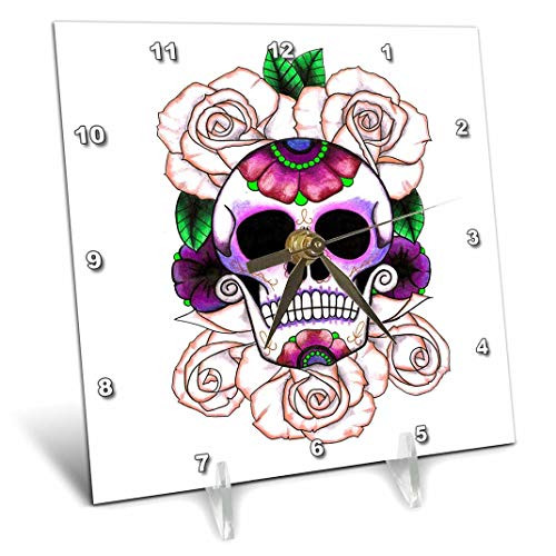 3dRose Sugar Skull. Roses. - Desk Clock, 6 by 6-Inch (dc_193529_1)