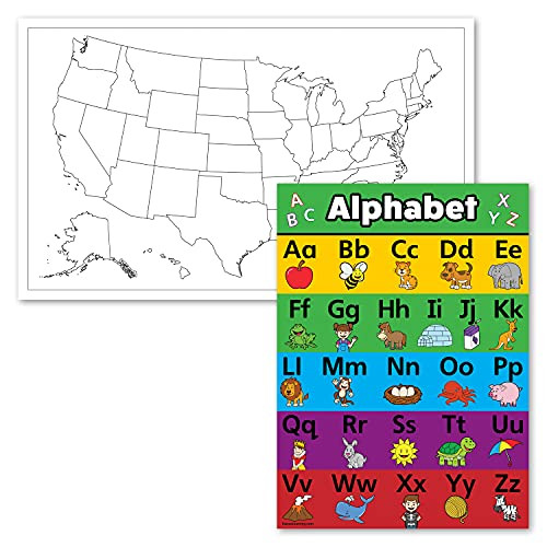 2 Pack - Blank USA Map Outline Poster  plus ABC Alphabet Chart for Kids -Animal- -LAMINATED, 18" x 29"-