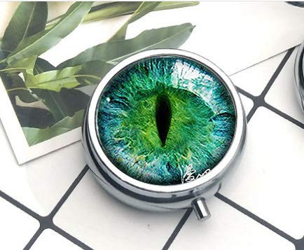 Compact 3 Compartment Medicine Case, Pill Box for Pocket or Purse Pill Box Decorative Pill Case with Gift Box Green Cat Eye