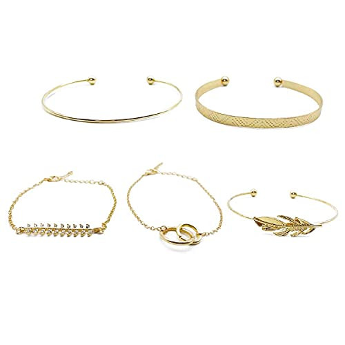 Binami 5 Pcs Gold Bangle Bracelets Open Cuff Adjustable Stackable Wrap Bracelet Jewelry Set for Women Girls