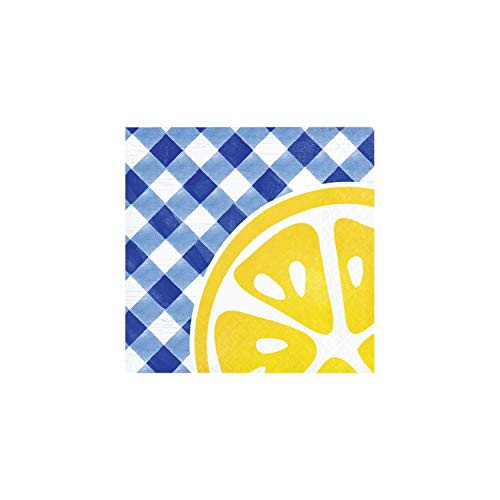 Creative Converting Gingham Lemonade Beverage Napkins, 5", Blue, White, and Yellow