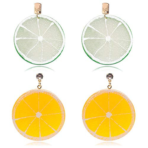 ZRosse 2 Pairs Unique Personality Large Acrylic Lemon Dangle Earrings Sets Boho Lemon Slice Fruits Drop Earring for Women Girls Teen -Green  plus Yellow-