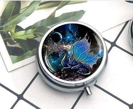 Compact 3 Compartment Medicine Case, Pill Box for Pocket or Purse Pill Box Decorative Pill Case with Gift Box Blue Wing Dragon
