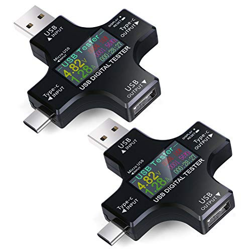 USB Power Meter, Eversame 2 in 1 USB C Power Meter Testers LCD Digital Multimeter, USB C Voltage Current Voltmeter Amp Volt Ammeter Detector USB Cable Charger Indicator DC3.6-30V/0-5.1A (2-Pack)