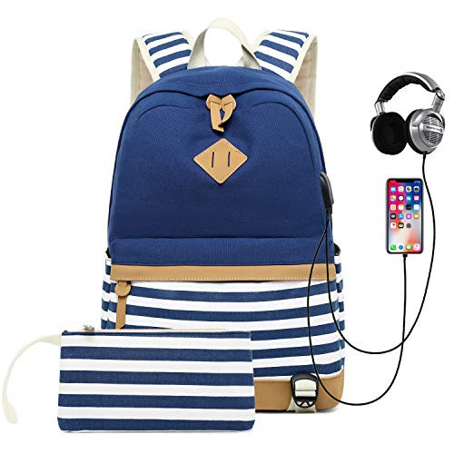 Canvas School Backpack Yolin Laptop Backpack USB Charging Port Casual Bookbag Teen Girls Women - Blue