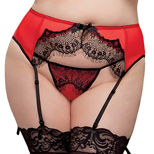 iCollection Women's Plus Size Mesh and Eyelash Lace Garter, Red-Black, 1/2X