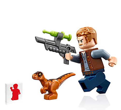 Lego Jurassic World Minifigure - Owen Grady -with Baby Orange Raptor Dinosaur and Tranquilizer Gun- Limited Edition