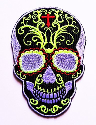HHO Green Sugar Skull Rider Biker Motorcycle Patch Embroidered DIY Patches Cute Applique Sew Iron on Kids Craft Patch for Bags Jackets Jeans Clothes