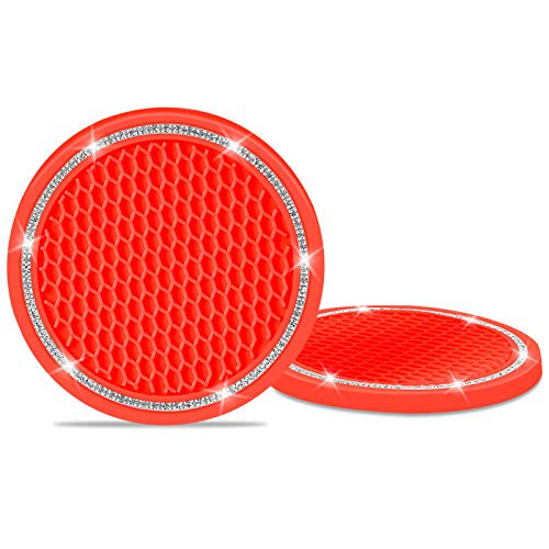 Universal Vehicle Bling Cup Holder, Insert Coaster Car Interior Accessories 2.75 Inch Silicone Anti Slip Crystal Rhinestone Car Coaster-Red/ 2pcs-