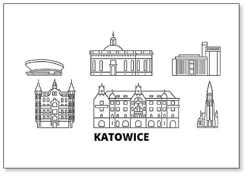 Poland, Katowice Flat Travel Skyline Set. Poland, Katowice Black City 14 Fridge Magnet