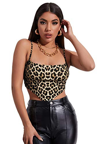 SOLY HUX Women's Spaghetti Strap Leopard Print Asymmetrical Hem Crop Cami Top Multicoloured S