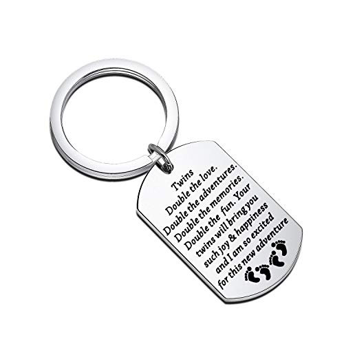 BEKECH Twins Keychain Twin Mom Gift Twin Dad Gift Double The Love Double The Adventures Keychain Baby Announcement Mom of Twins Gift Dad of Twins Gift -Silver-