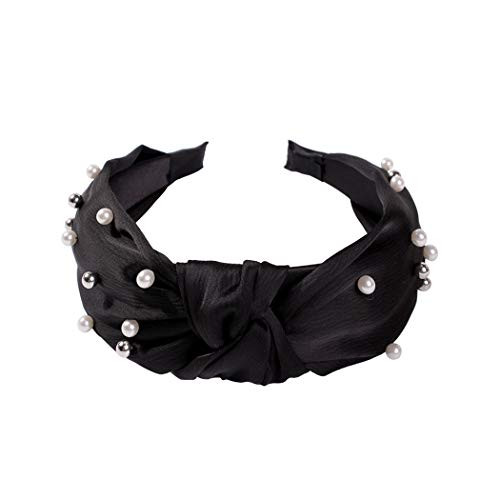 Jakawin Boho Pearl Headbands Cross Turban Hair Bands Sport Yoga Head Wrap No Slip Hair Hoops for Women and Girls HB028 -Black-