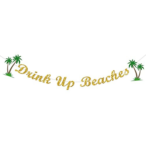 Gold Glittery Drink Up Beaches Coconut Tree Banner Hawaii Luau Summer Beach Party Decoration Supplies