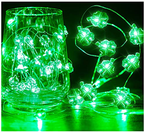 Green Shamrocks LED Lights Decoration, St Patrick's Day String Lights 13Ft 40Led Battery Operated Lucky Clover Handmade String Lights for Indoor Outdoor