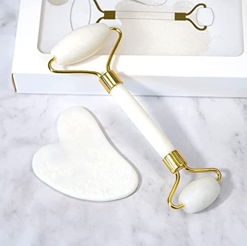Gua Sha Set  and  Jade Roller for Face, Eye  and  Neck Skin Care, Jade Stone Face Roller Gua Sha Massage Tool, Eye Roller for Puffy Eyes, Facial Self Care Kit for Women -White-