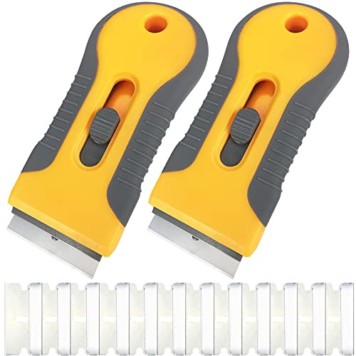 2Pcs Glass Razor Blade Scraper,Retractable Razor Scraper With 12Pcs Steel Scraper Blades for Removing Label,Multi-Purpose Plastic Cooktop Scraper Razor Cleaning Tool for Stickers Kitchen Stove Top
