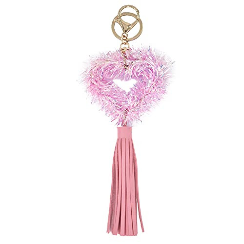 BEGOOD Heart Keychain Tassels Glitter Keyring Great Gifts Car Pendant Double Ring Closure Handbag Charm Purse Decoration Keychains Pink