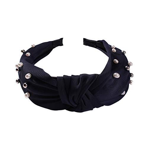 Jakawin Boho Pearl Headbands Cross Turban Hair Bands Sport Yoga Head Wrap No Slip Hair Hoops for Women and Girls HB028 -Dark Blue-