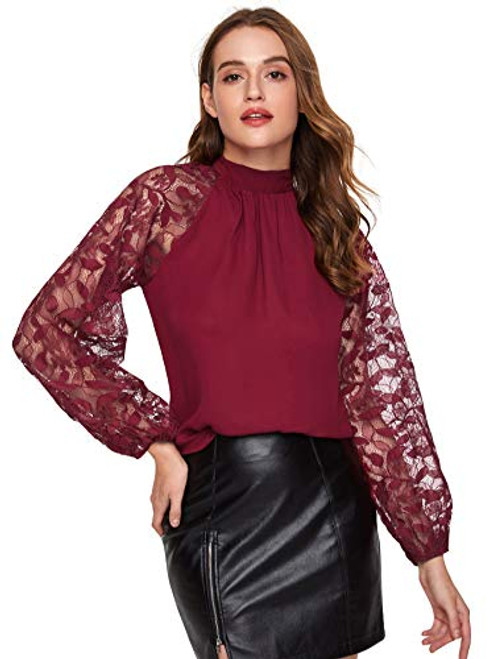 Romwe Women's Lace Long Sleeve Mock Neck Tie Back Elegant Blouse Tops Burgundy 1 XS