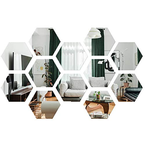 Clispeed 12pcs Hexagonal Acrylic Mirror Wall Stickers Home Living Room Wall Decals Modern DIY Art Mirror Wall Mural Decoration -Silver, 4x4cm-
