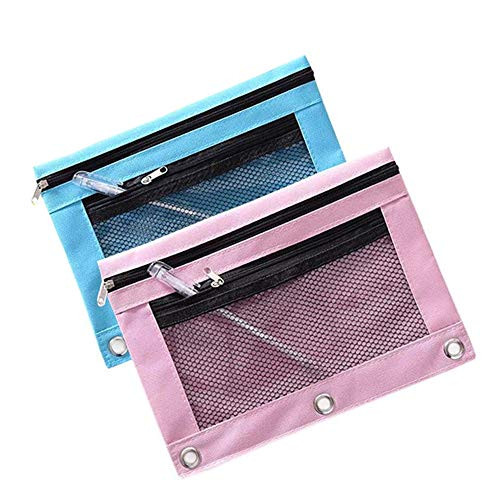 DIYOMR Binder Zipper Pencil Pouch Case, B5 Size Pencil Case, Binder Pockets for Stationery, 3 Ring Pencil Pouch Pencil Bag with Double Pocket and Clear Mesh Window, Pink and Blue