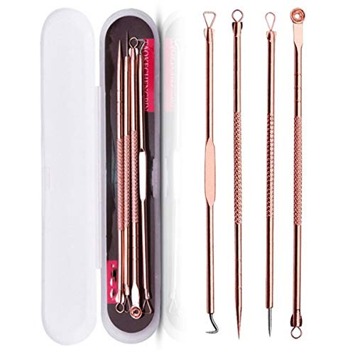 4pcs Stainless Steel Blackhead Whitehead Remover Kit Double-ended Acne Comedone Blemish Extractor Curved Tweezers Treatment Tool with Case