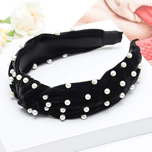 Haloty Pearl Velvet Wide Headbands Knotted Head band Vintage Head Wrap Faux Elastic Hair Hoops Turban Hairband Fashion Cross Knot Hair Accessories for Women and Girls -Black-