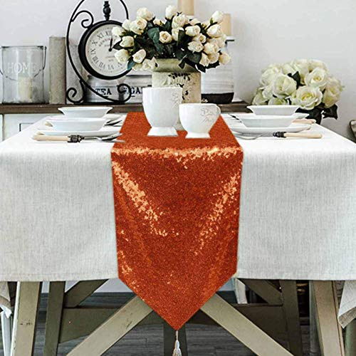 ShinyBeauty Sparkly Orange-12x90-Inch Rectangle Sequin Table Runner with Tassel for Decoration