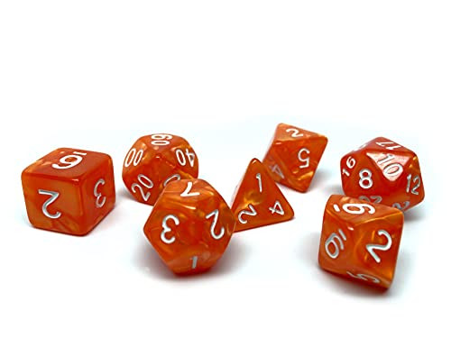 Marble Swirl Polyhedral Dice Set - 7 Piece Dice Set with One D20, D12, D10, D8, D6, D4, and D00 -Orange Marble with White Font-